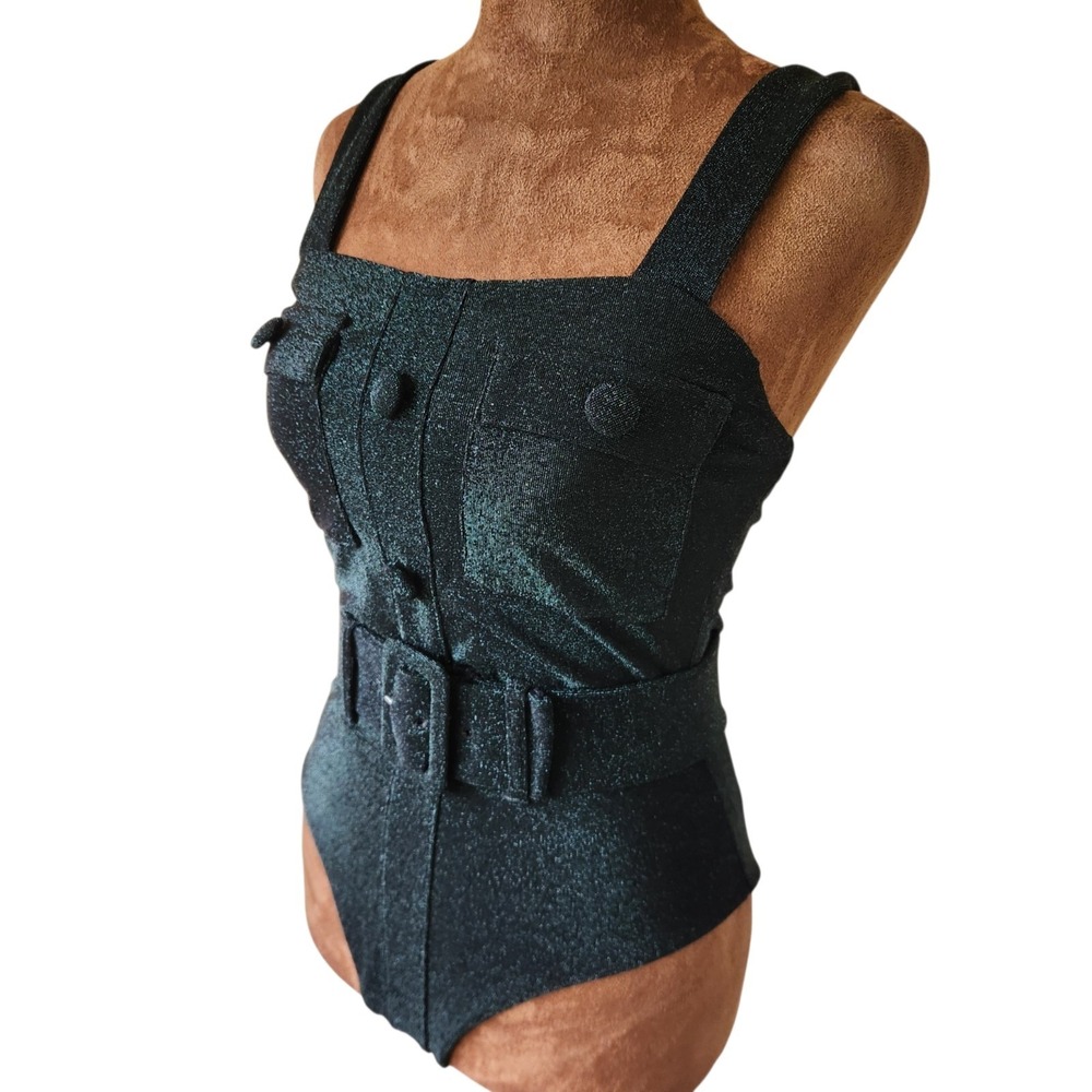 NWT Devon Windsor Swimsuit One Piece Marrow Midnight Green Metallic Belted S